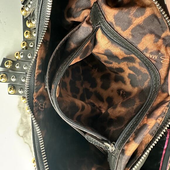 Vintage B Makowsky Y2K Studded Leather Shoulder Bag Black Gold Silver Fringe - Picture 8 of 11